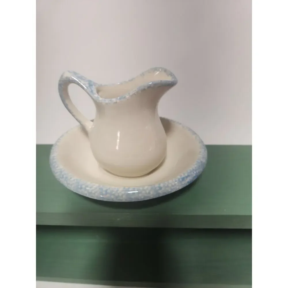Vintage LoMo Co. Ceramic Creamer & Underplate Blue Heart Spongeware Country